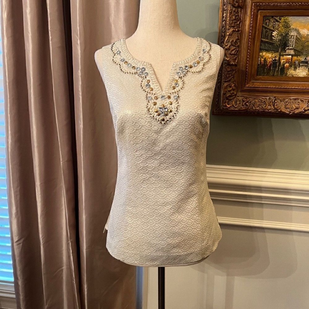 EUC Lilly Pulitzer Terrace Metallic Ivory Sleeveless Beaded Top Blouse Shirt 4 - Picture 3 of 4